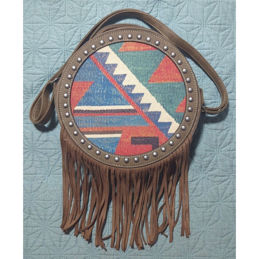 Nocona Aztec Jenni Canteen Crossbody Bag With Fringe Silver Studs Western Fun